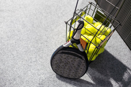 padel tennis racket sport court and ballsの写真素材