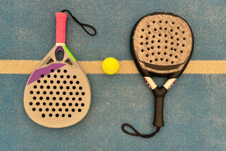 Padel tennis racket. Background with copy space. Sport court and balls.の写真素材