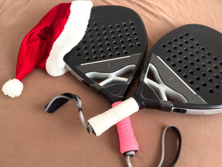 padel racket and santa hatの写真素材