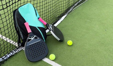 padel tennis racket sport court and balls.