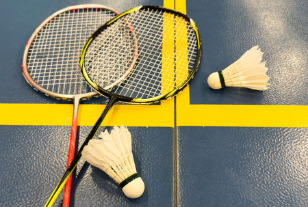 shuttlecock and badminton racket on the court
