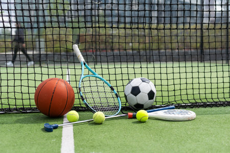 Different sport equipment on green grass, flat lay. Space for textの写真素材