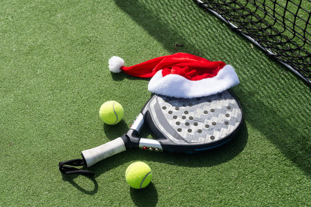 padel racket and santa hatの写真素材