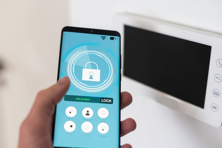 Close up focus on cellphone with smart home software application on screen, wireless light music...