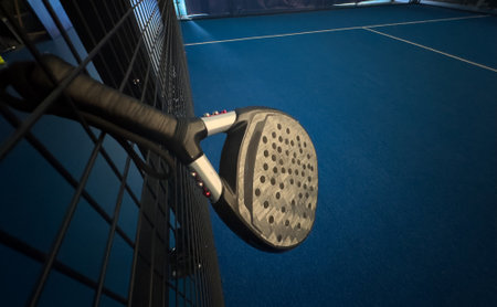 Padel tennis racket. Background with copy space. Sport court and balls.の写真素材