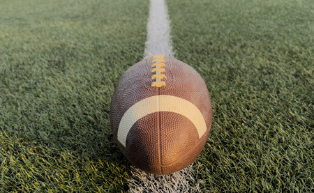 American football ball on the grass of a stadium