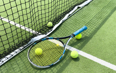 Tennis balls and racket on a green tennis hard courtの写真素材