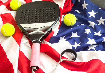 American padel tennis emblem with rackets ball and USA flag illustrationの写真素材
