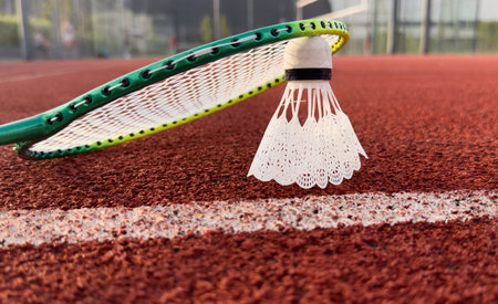 Cream white badminton shuttlecock and racket on badminton court, copy space, soft and selective...