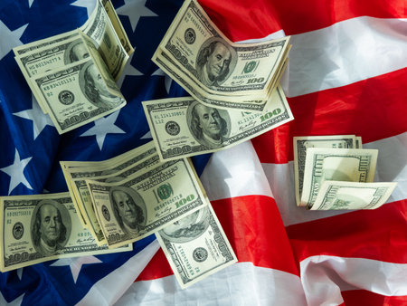 USA national flag and currency usd money banknotes. Business and finance conceptの写真素材
