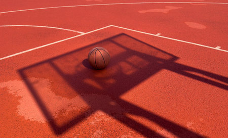 Top view orange ball for basketball lying on the rubber sport court. Sport red ground outdoor in the yardの写真素材