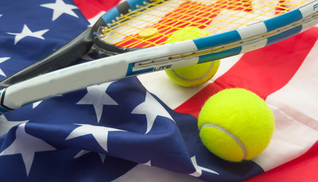 Tennis tournament: racket, balls and American flag, sports and competition conceptの写真素材
