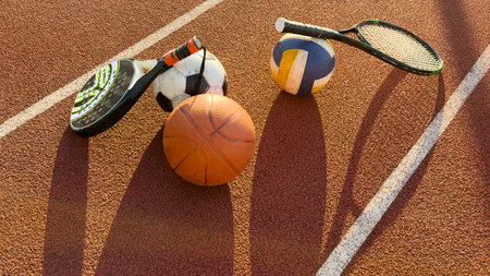 High Angle View Of Various Sport Equipments On playgroundの写真素材
