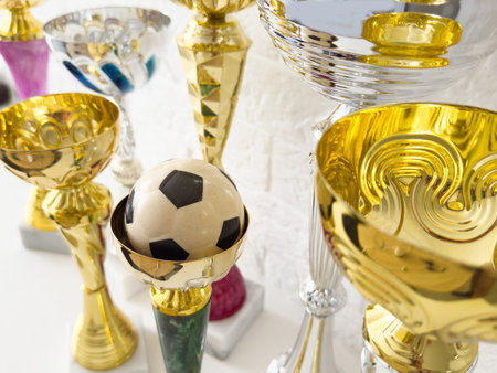Football soccer ball, golden trophy cup, Banner designの写真素材