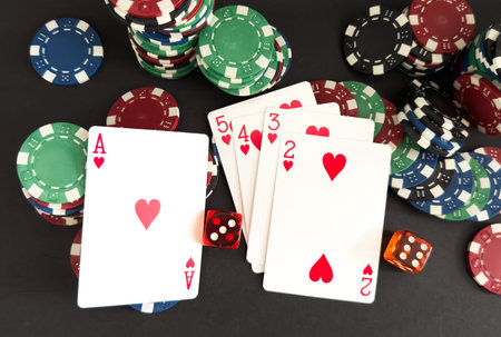 poker cards, chips and dice - close up