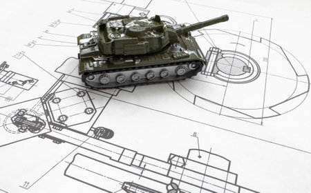 a battle tank sketch with specification detail with blueprint styleの写真素材