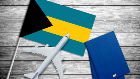 Passenger airplane and flag of Bahamas. 3D illustrationの写真素材