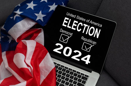 Presidential Election 2024 in United States. Vote day, November 5. US Election campaign. Make your choice. Patriotic american illustration. Poster, card, banner and backgroundの写真素材