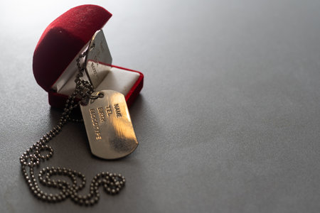 American military dog tags in a wedding ring boxの写真素材
