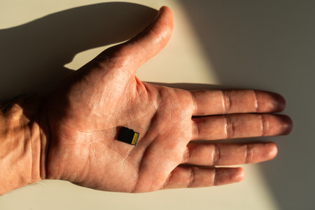 SD card Or memory card in hand concept of technology and in form of background.の写真素材