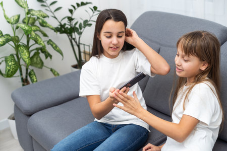 Two cute Caucasian blonde girls sisters holding cell phone and laughing.の写真素材