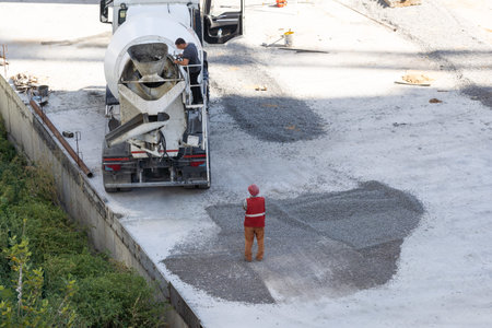 Top view of construction site during concreting of basement stairsの写真素材