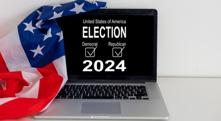 Presidential Election 2024 in United States. Vote day, November 5. US Election campaign - Make your choice. United States flag. US Election. Patriotic American element.の写真素材