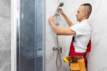 Professional handyman working in shower booth indoorsの写真素材