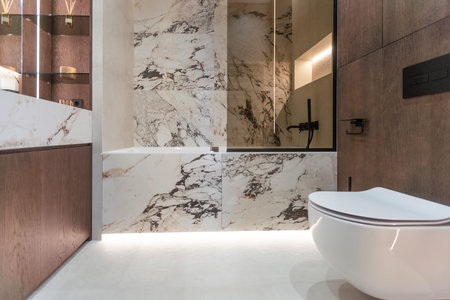 Luxurious minimalist bathroom in modern townhouseの写真素材