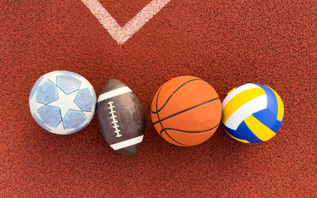 various sport gear and ball like soccer american football basketball. sports equipment activity concept.の写真素材