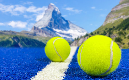 Empty blue paddle court in the mountains.の写真素材