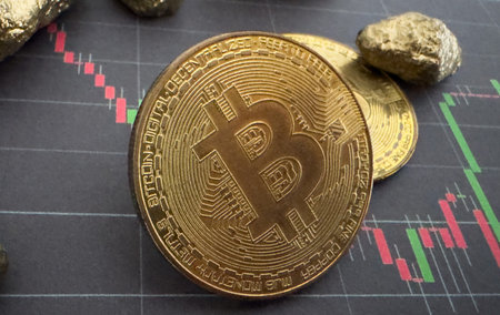 Gold Bullion and Bitcoin Cryptocurrency on 100 US Dollar