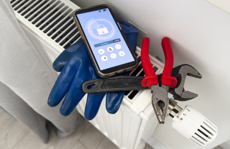 Application for managing connected thermostatic heads. The app indicates the name of each room with a thermostat, in French, such as the kitchen, bedroom...の写真素材