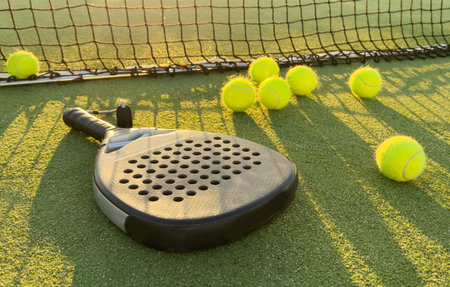 Padel racket and padel ball on a green court in the sunsetの写真素材