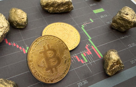 Investment sources on stock markets and financial concept: Front view on a silver bitcoin, crypto currency and a real raw gold piece. Objects reflection on black background with copy space.の写真素材
