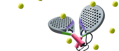 Padel tennis racket. Background with copy space. Sport court and balls.の写真素材