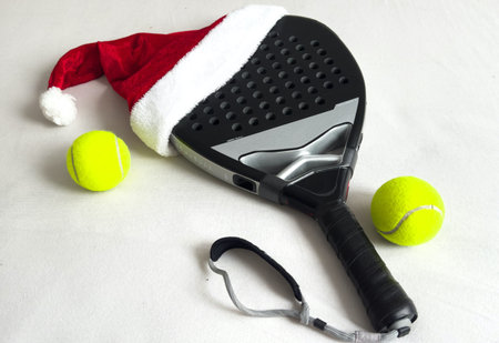 Open Padel Tournament. Poster for social networks for New Years games. Padel tennis racket on tournament. paddle racket on courtの写真素材