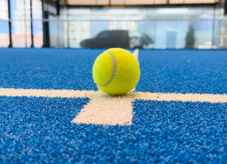 blue paddle tennis court net close upの写真素材