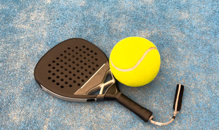 Padel tennis racket. Background with copy space. Sport court and balls.の写真素材