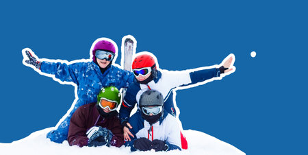 family spending weekend playing outdoor isolated blue background.の写真素材