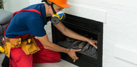 Man with screwdriver installing electric fireplace near wall in room.の写真素材