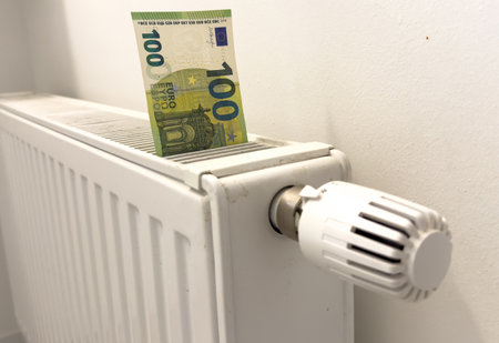 A heating radiator battery from which bills stick out. The concept of high heating expenses. Rise in energy prices, energy crisis and recessionの写真素材