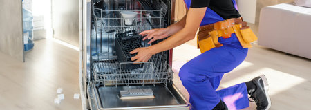 Master installing the dishwasher in a kitchen cabinetの写真素材