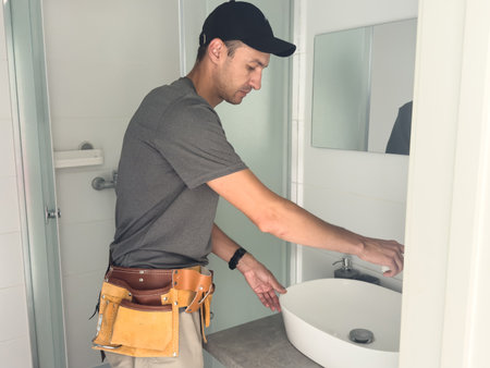 Young plumber repairing sink in bathroomの写真素材