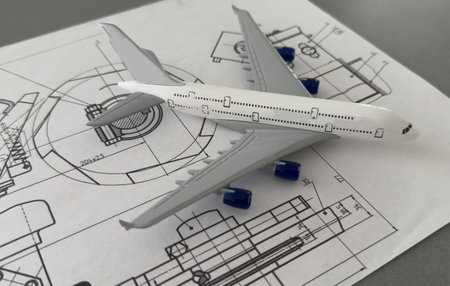 Image of passenger airplane and engineering blueprintの写真素材