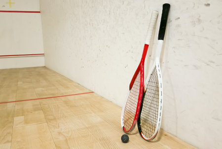 Sports, above and racket on squash court for competition, challenge and training center. Exercise, interior and empty room with top view of wooden floor of gymnasium for games, fitness club and gearの写真素材