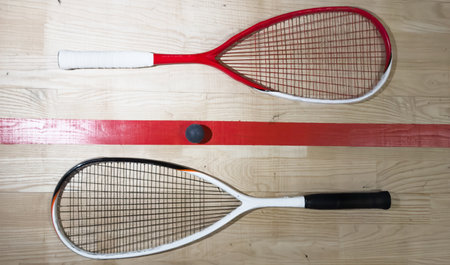 Squash rackets and ball on court floor, top viewの写真素材