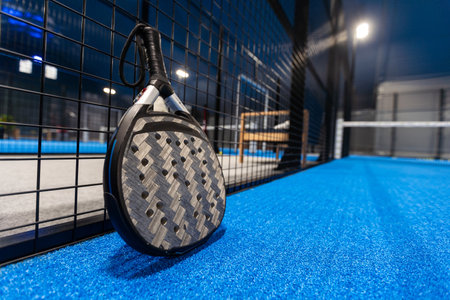 Black professional paddle tennis racket and ball with natural lighting on blue background. Horizontal sport theme poster, greeting cards, headers, website and appの写真素材