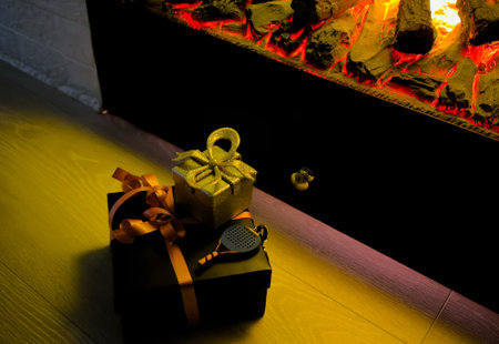Beautiful Christmas background and fireplace at Christmas nightの写真素材