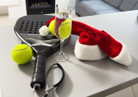 padel racket and santa hatの写真素材